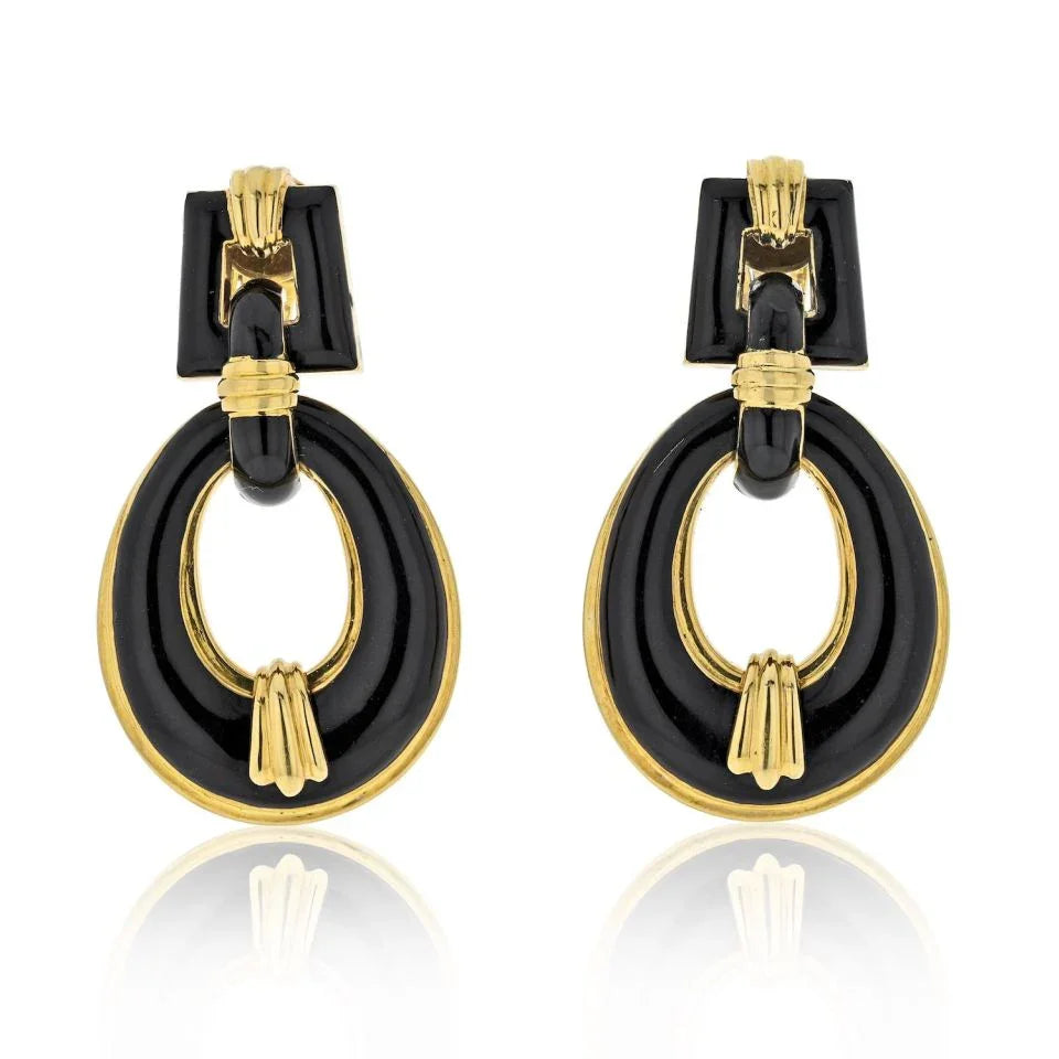 David Webb 18K Yellow Gold Black Enamel Vintage Door Knockers Earrings — Laura Milman New York