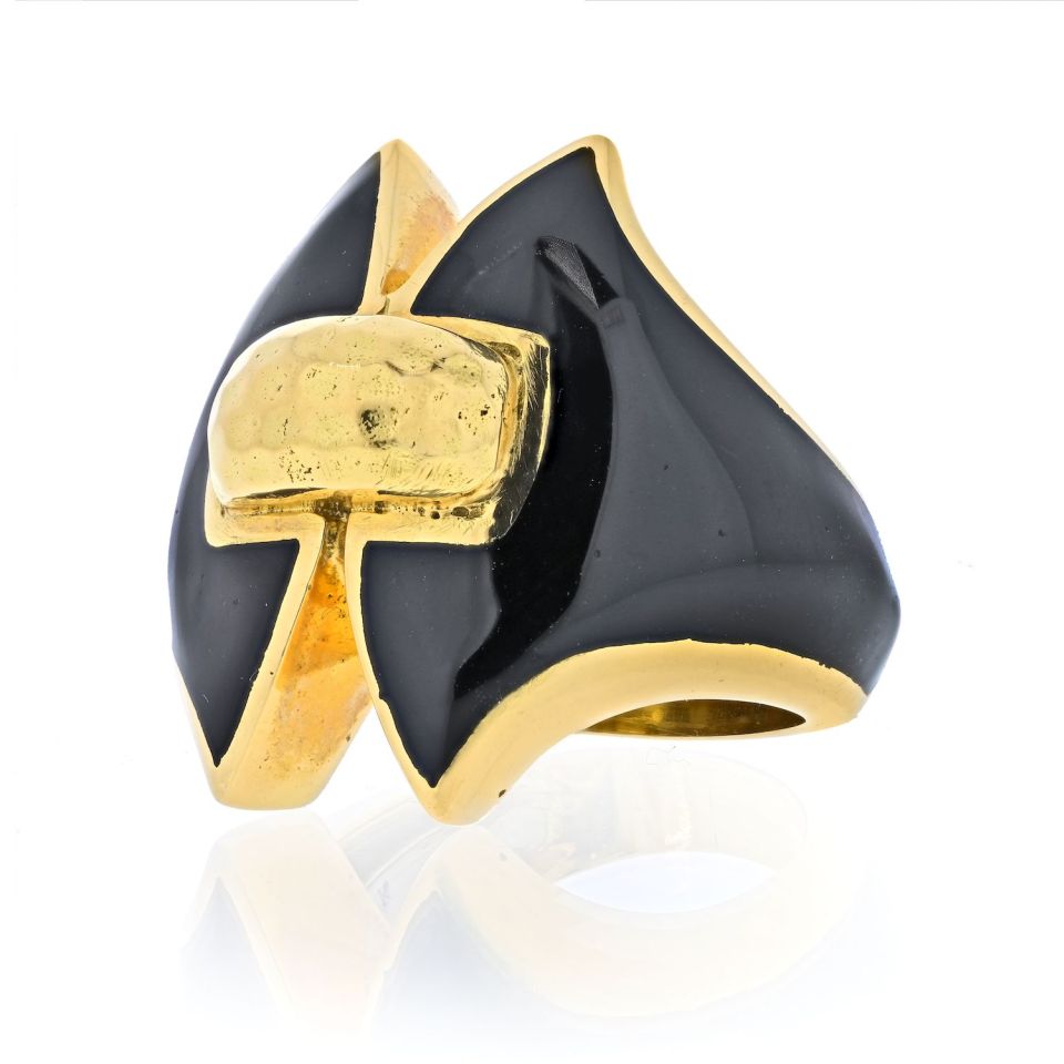 David Webb Platinum & 18K Yellow Gold Black Enamel Vintage Ring — view 2 — Laura Milman New York