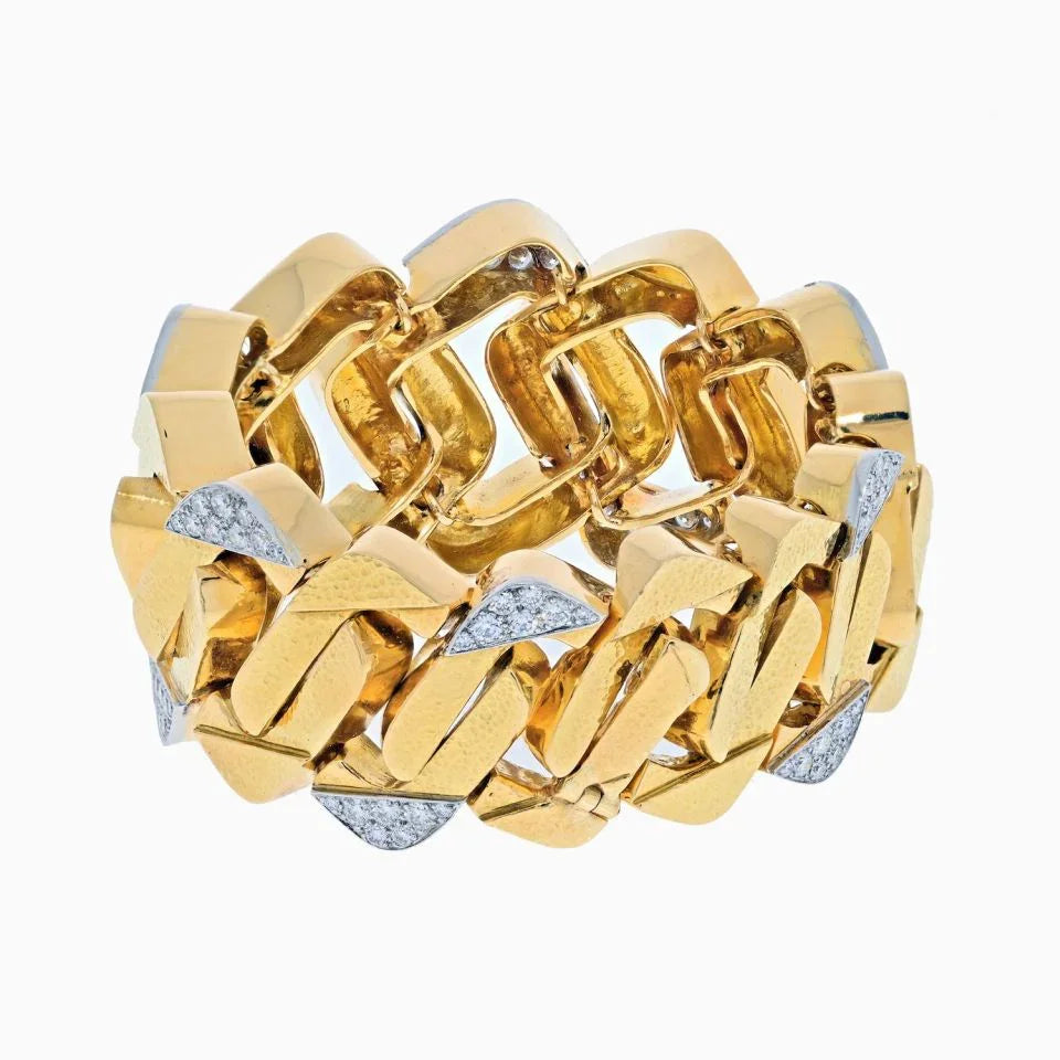David Webb Platinum & 18K Yellow Gold Large Hammered Flat Link Diamond Bracelet — view 2 — Laura Milman New York