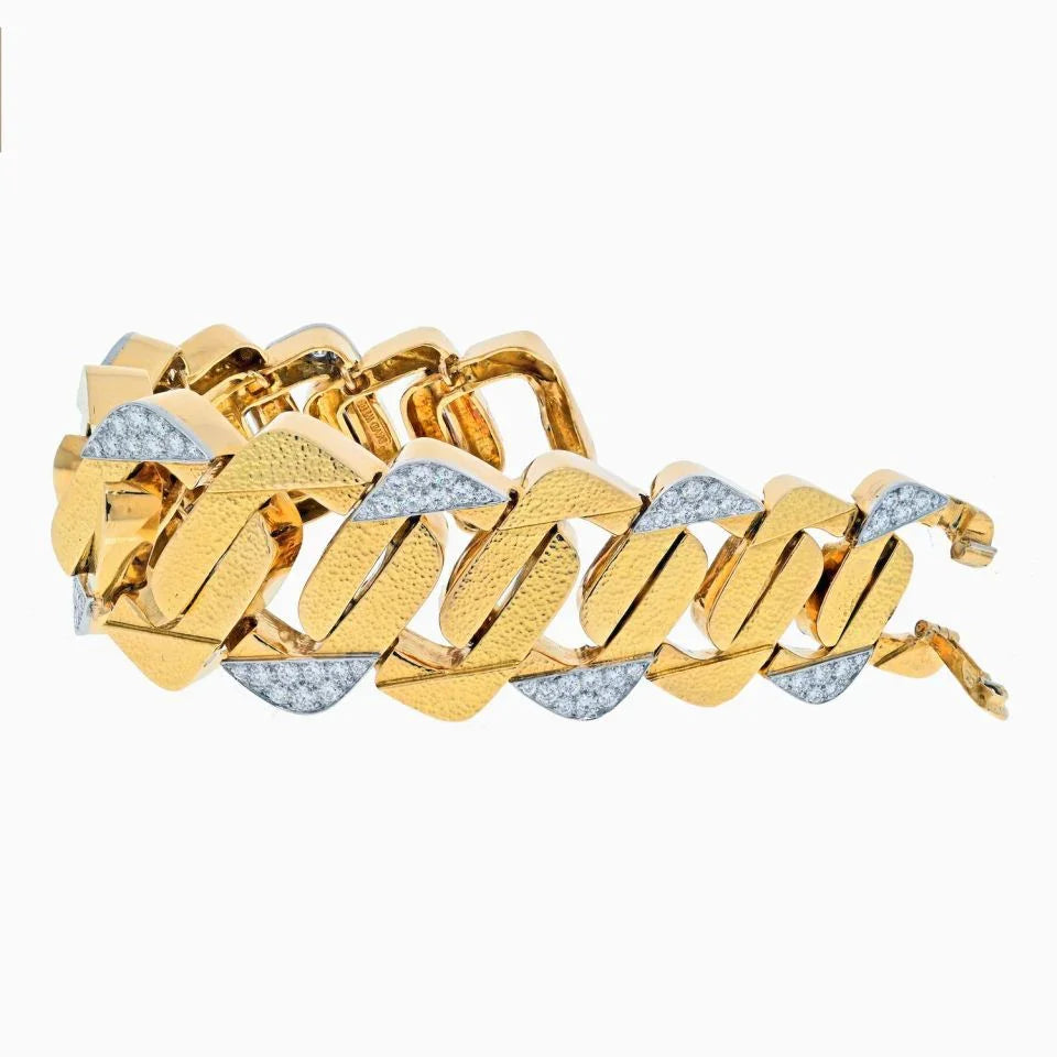 David Webb Platinum & 18K Yellow Gold Large Hammered Flat Link Diamond Bracelet — view 3 — Laura Milman New York