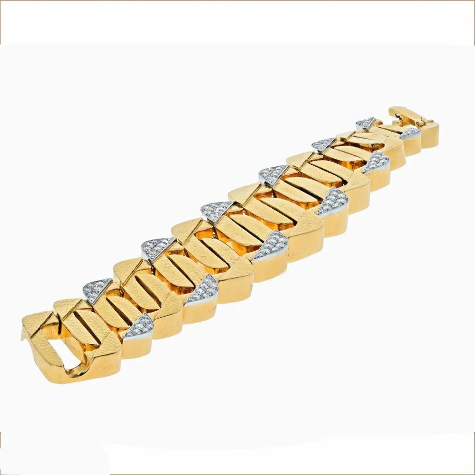 David Webb Platinum & 18K Yellow Gold Large Hammered Flat Link Diamond Bracelet — view 4 — Laura Milman New York