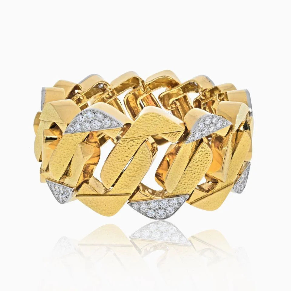 David Webb Platinum & 18K Yellow Gold Large Hammered Flat Link Diamond Bracelet — Laura Milman New York