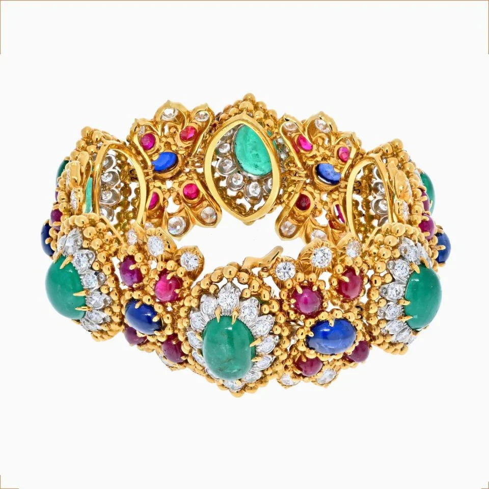 David Webb 18K Yellow Gold Green Emerald Cabochon, Ruby And Diamond Bracelet — view 2 — Laura Milman New York