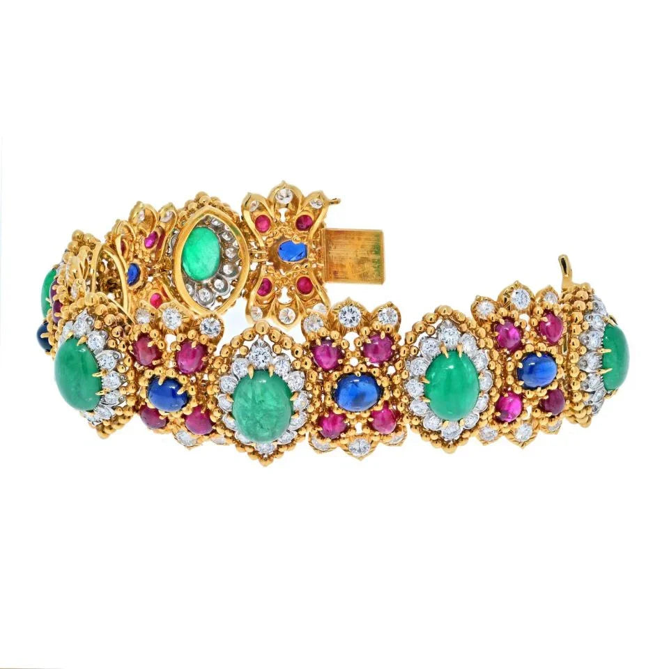 David Webb 18K Yellow Gold Green Emerald Cabochon, Ruby And Diamond Bracelet — view 3 — Laura Milman New York