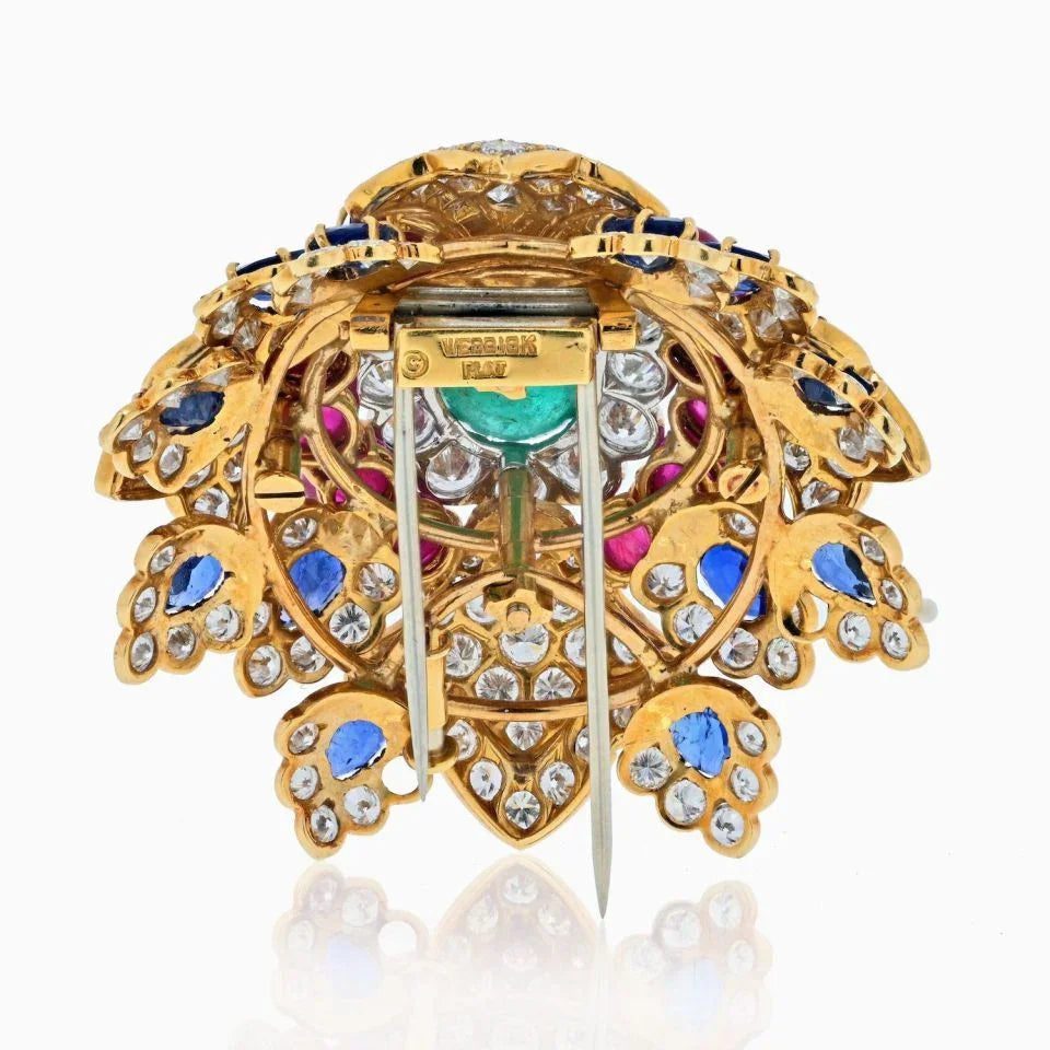 David Webb 18K Yellow Gold Heraldic Green Emerald Ruby And Diamond Brooch — view 4 — Laura Milman New York