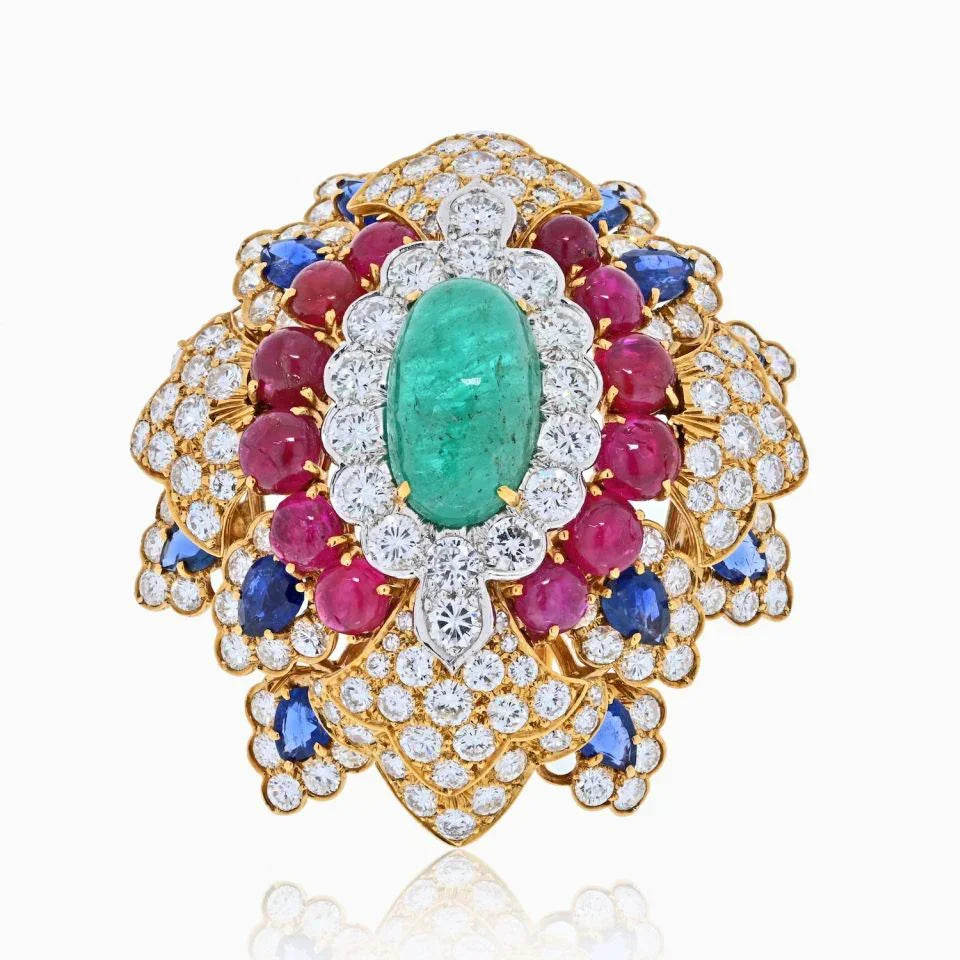 David Webb 18K Yellow Gold Heraldic Green Emerald Ruby And Diamond Brooch — Laura Milman New York