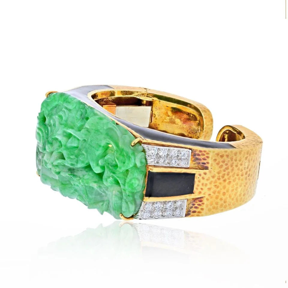 David Webb Platinum & 18K Yellow Gold Carved Jade Cuff Bracelet — view 2 — Laura Milman New York