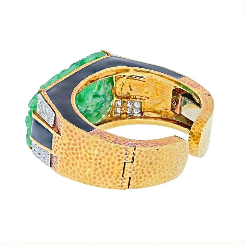 David Webb Platinum & 18K Yellow Gold Carved Jade Cuff Bracelet — view 3 — Laura Milman New York
