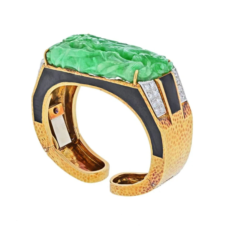 David Webb Platinum & 18K Yellow Gold Carved Jade Cuff Bracelet — view 5 — Laura Milman New York