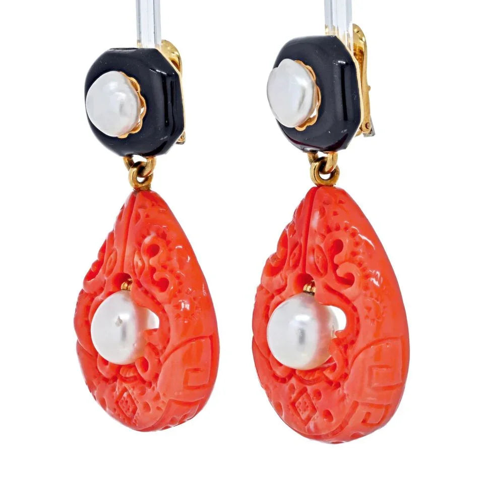 David Webb Platinum & 18K Yellow Gold Cultured Pearl, Coral And Enamel Clip Earrings — view 2 — Laura Milman New York