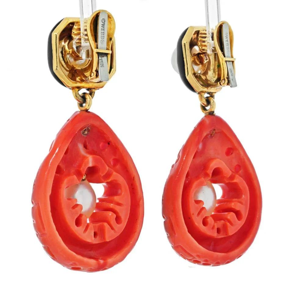 David Webb Platinum & 18K Yellow Gold Cultured Pearl, Coral And Enamel Clip Earrings — view 3 — Laura Milman New York