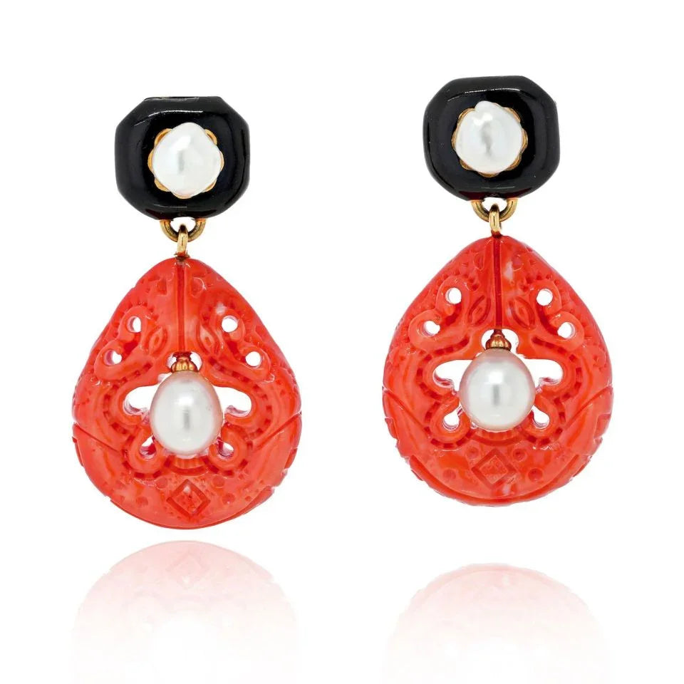 David Webb Platinum & 18K Yellow Gold Cultured Pearl, Coral And Enamel Clip Earrings — Laura Milman New York