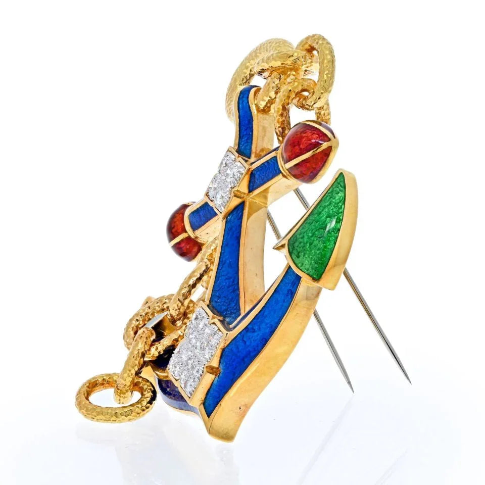 David Webb Platinum & 18K Yellow Gold Diamond And Enamel Anchor Pendant Brooch — view 2 — Laura Milman New York