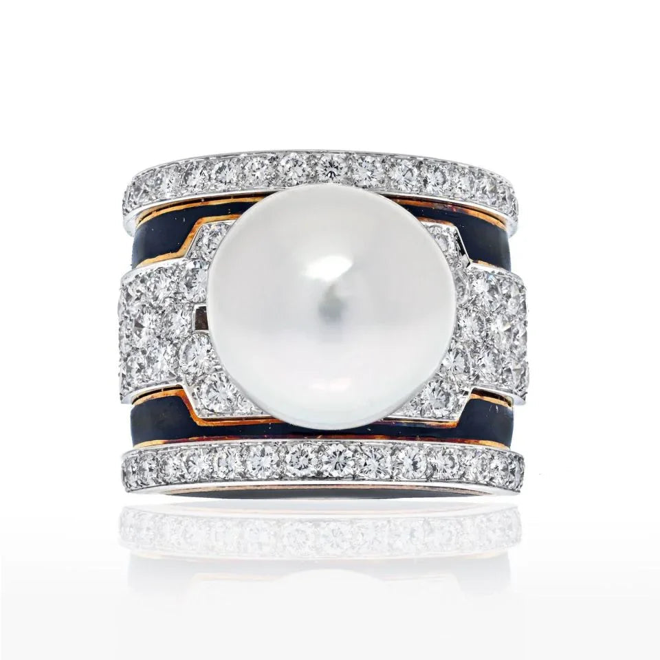David Webb Platinum & 18K Yellow Gold Pearl, Diamond, Black Enamel Ring — Laura Milman New York