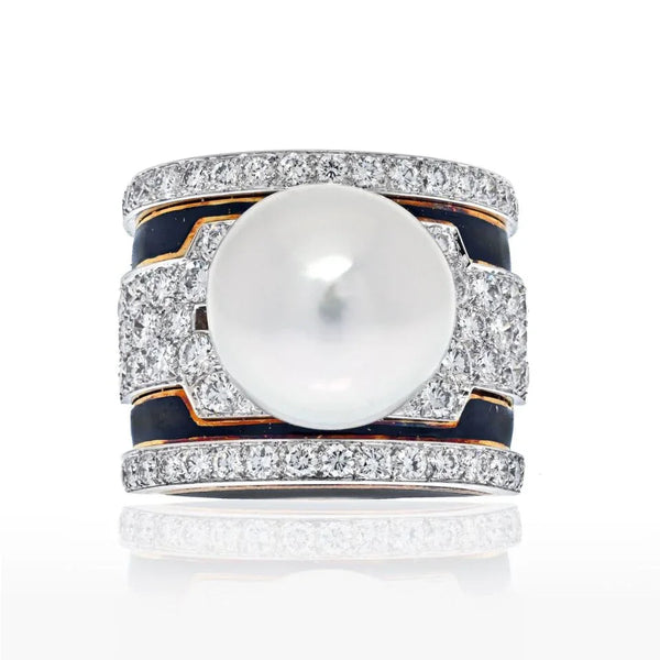 David Webb Platinum & 18K Yellow Gold Pearl, Diamond, Black Enamel Ring
