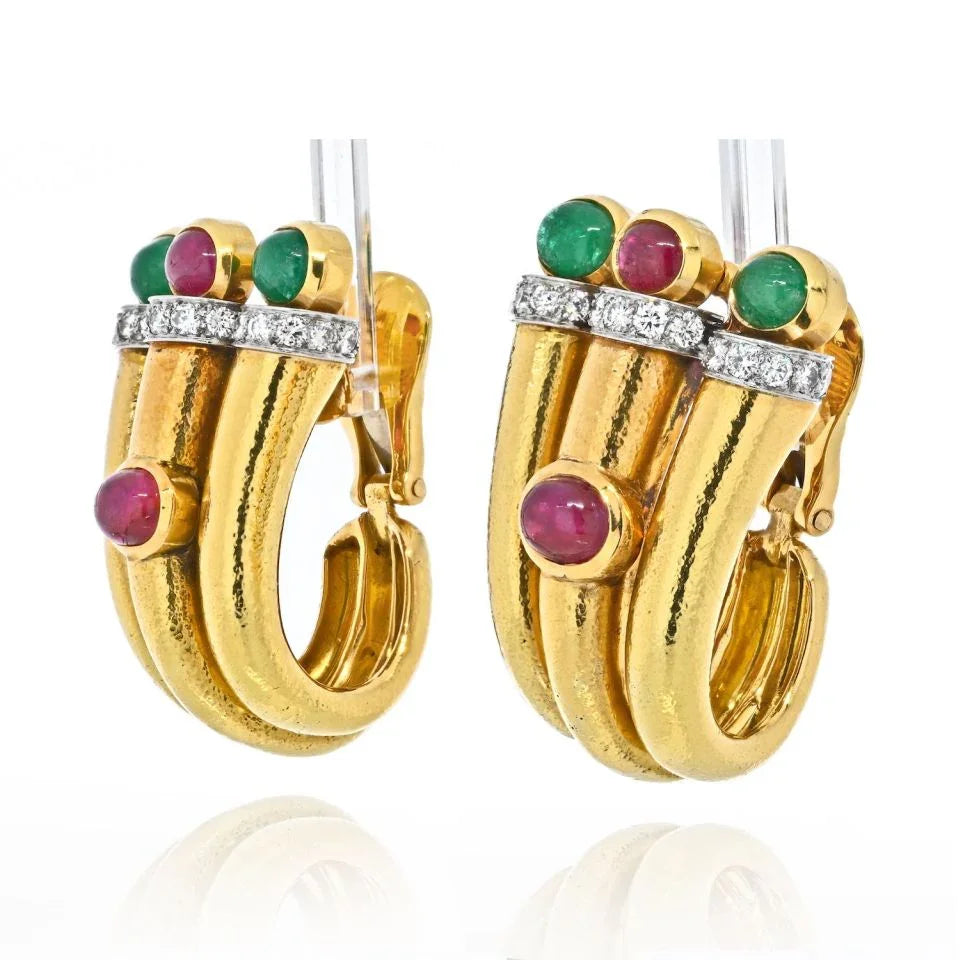 David Webb Platinum & 18K Yellow Gold Diamond, Ruby, Green Emerald Earrings — view 2 — Laura Milman New York