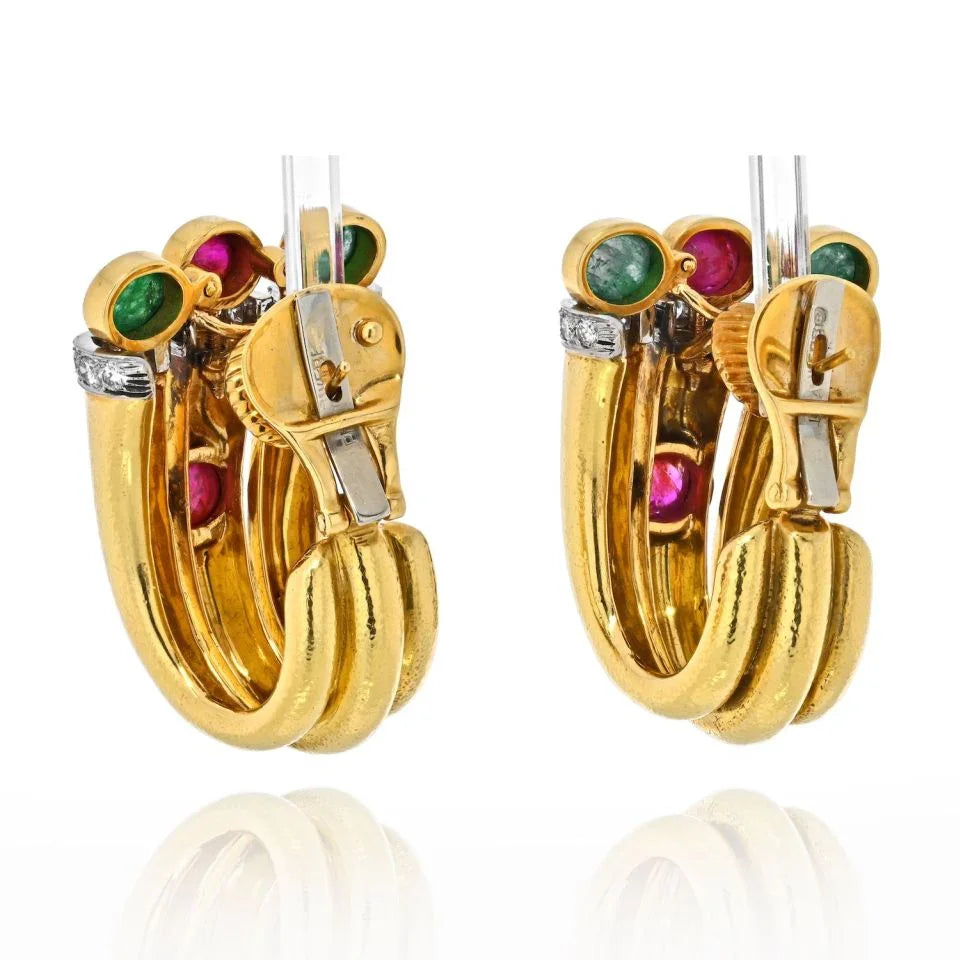 David Webb Platinum & 18K Yellow Gold Diamond, Ruby, Green Emerald Earrings — view 3 — Laura Milman New York
