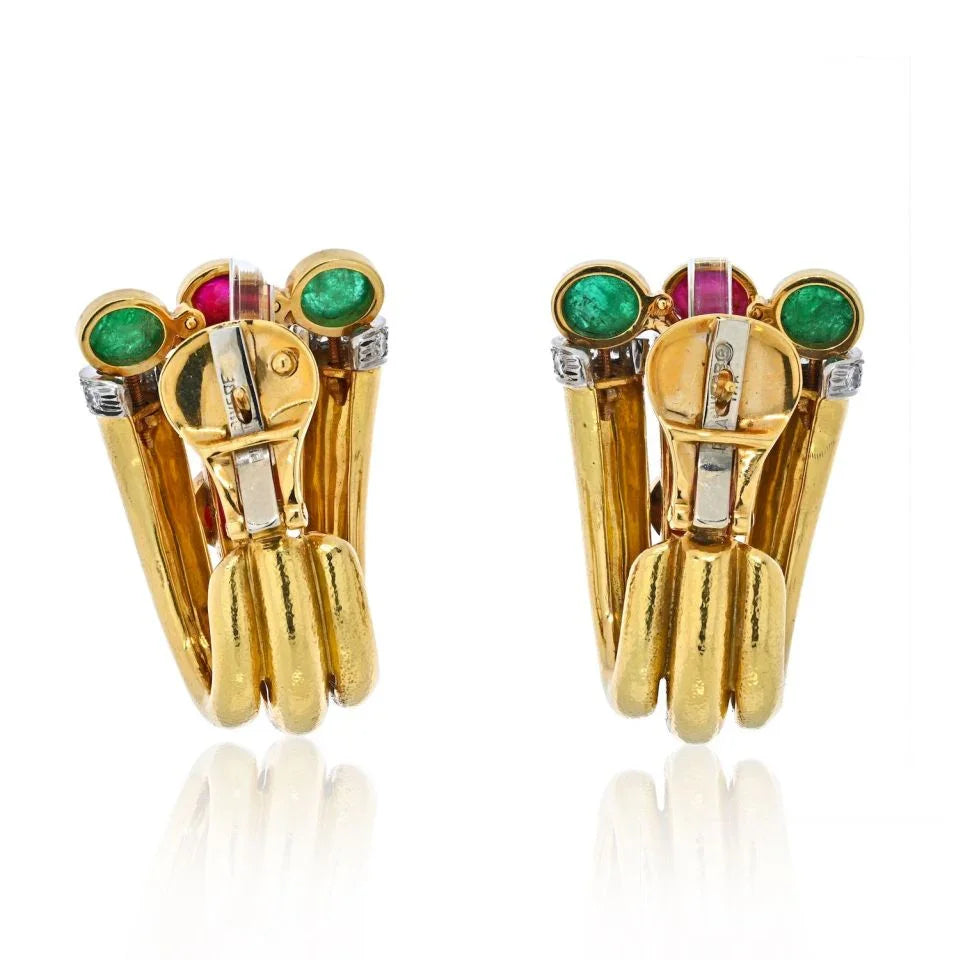 David Webb Platinum & 18K Yellow Gold Diamond, Ruby, Green Emerald Earrings — view 4 — Laura Milman New York