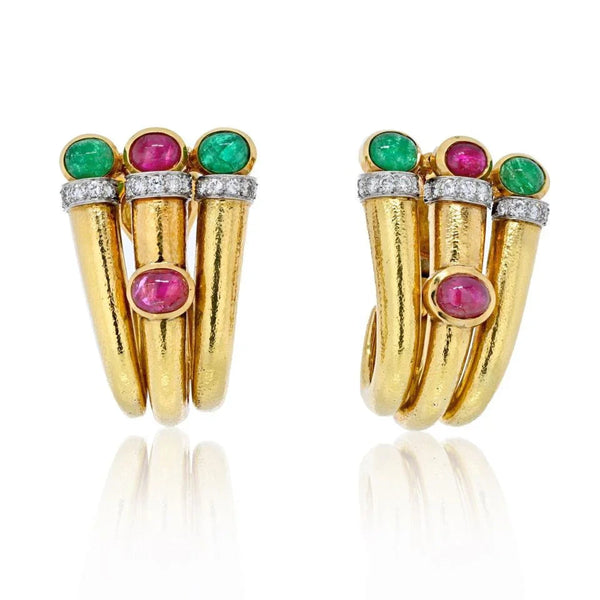 David Webb Platinum & 18K Yellow Gold Diamond, Ruby, Green Emerald Earrings