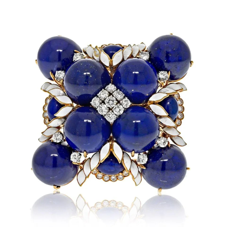 David Webb Platinum & 18K Yellow Gold 1960's Maltese Lapis, Enamel Cross Style Brooch — Laura Milman New York