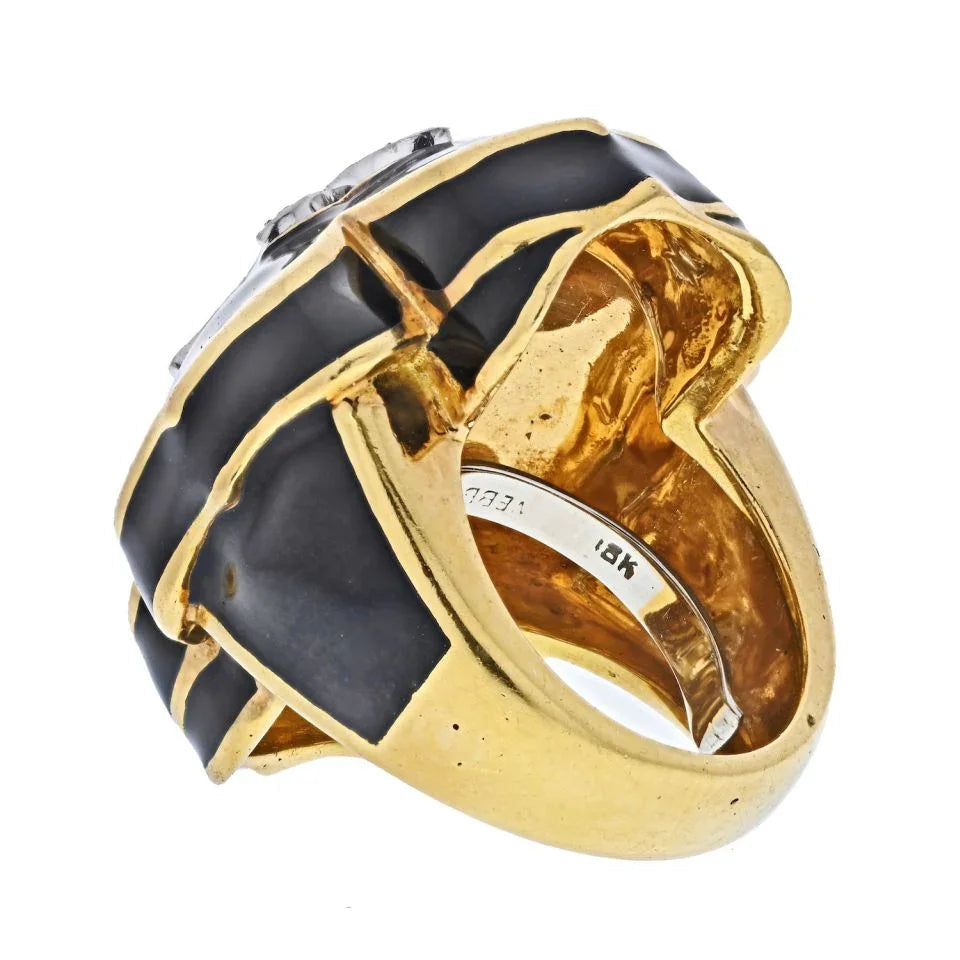 David Webb Platinum & 18K Yellow Gold Fleur De Lis Black Enamel Diamond Ring — view 3 — Laura Milman New York