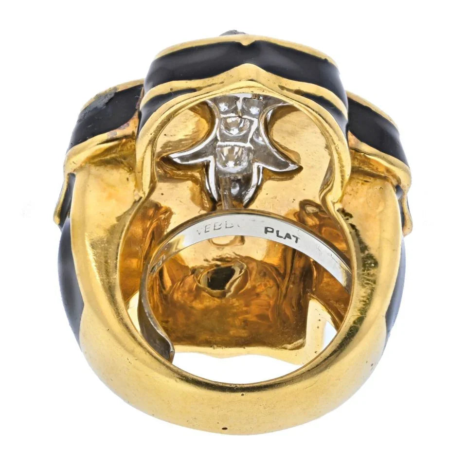 David Webb Platinum & 18K Yellow Gold Fleur De Lis Black Enamel Diamond Ring — view 4 — Laura Milman New York