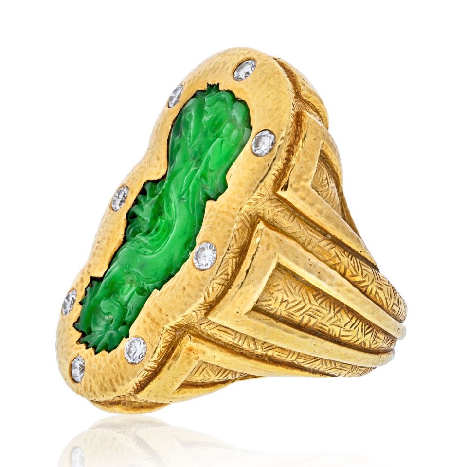 David Webb Platinum & 18K Yellow Gold 1970's Carved Jade Dragon Style Ring — view 2 — Laura Milman New York