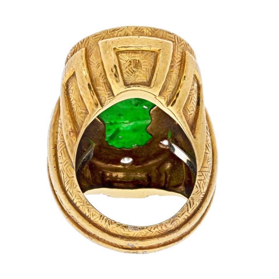 David Webb Platinum & 18K Yellow Gold 1970's Carved Jade Dragon Style Ring — view 4 — Laura Milman New York
