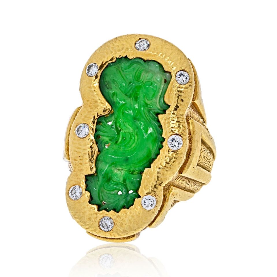 David Webb Platinum & 18K Yellow Gold 1970's Carved Jade Dragon Style Ring — Laura Milman New York