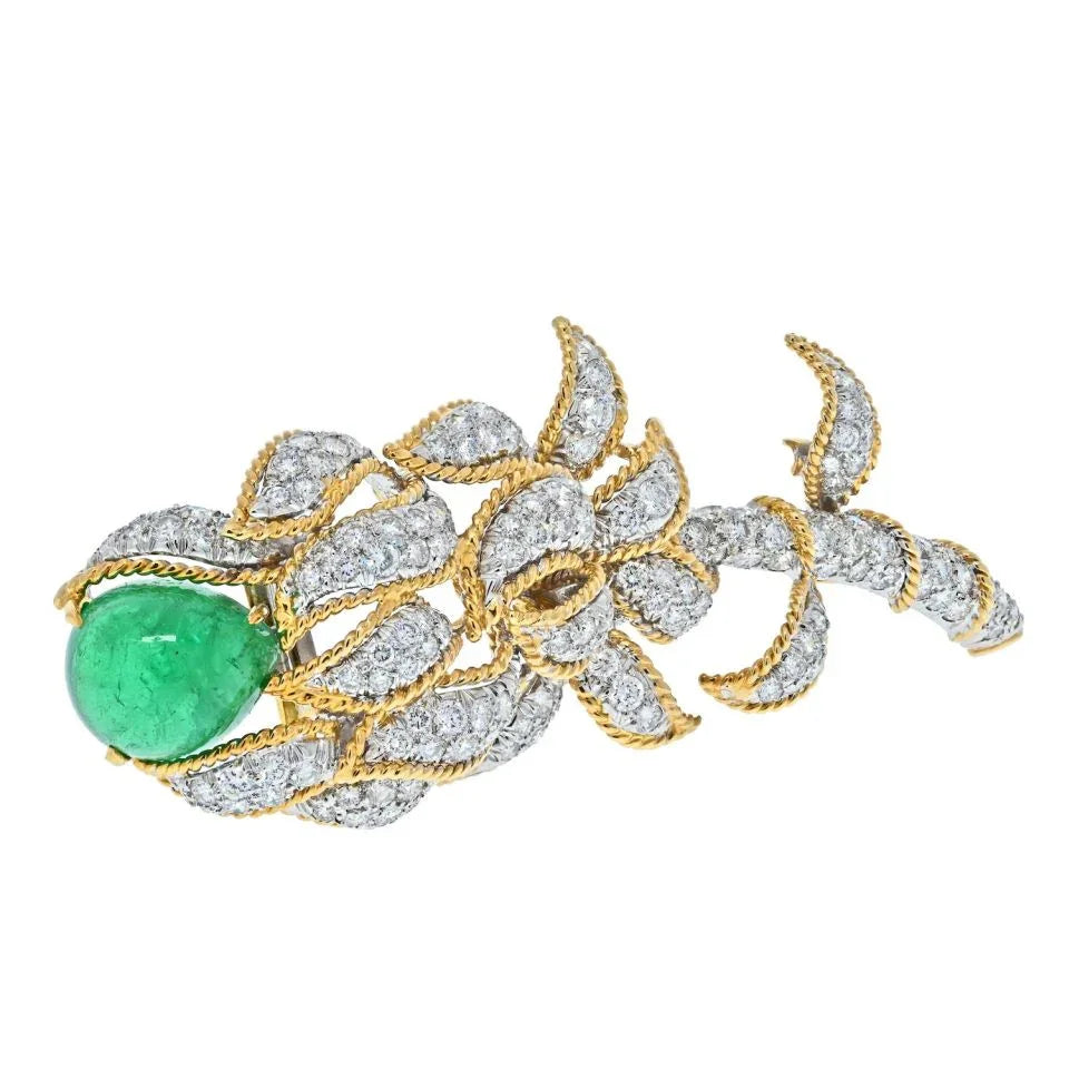David Webb Platinum & 18K Yellow Gold Green Emerald And Diamond Flower Brooch — view 2 — Laura Milman New York