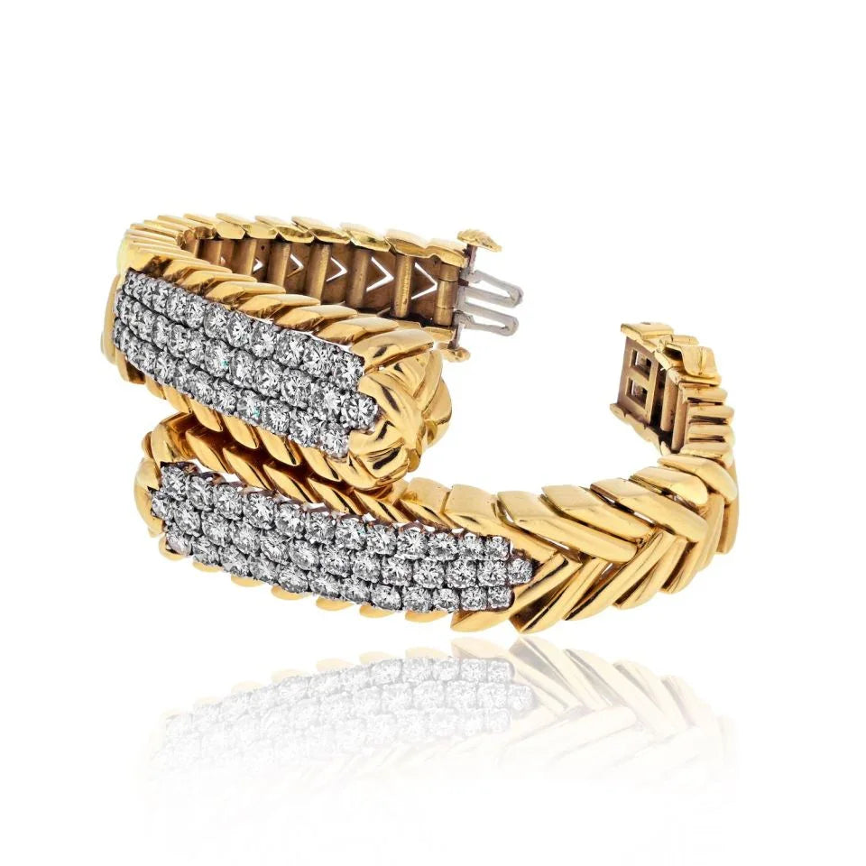 David Webb Platinum & 18K Yellow Gold 8.75cttw Round Diamond Crossover Bracelet — view 2 — Laura Milman New York