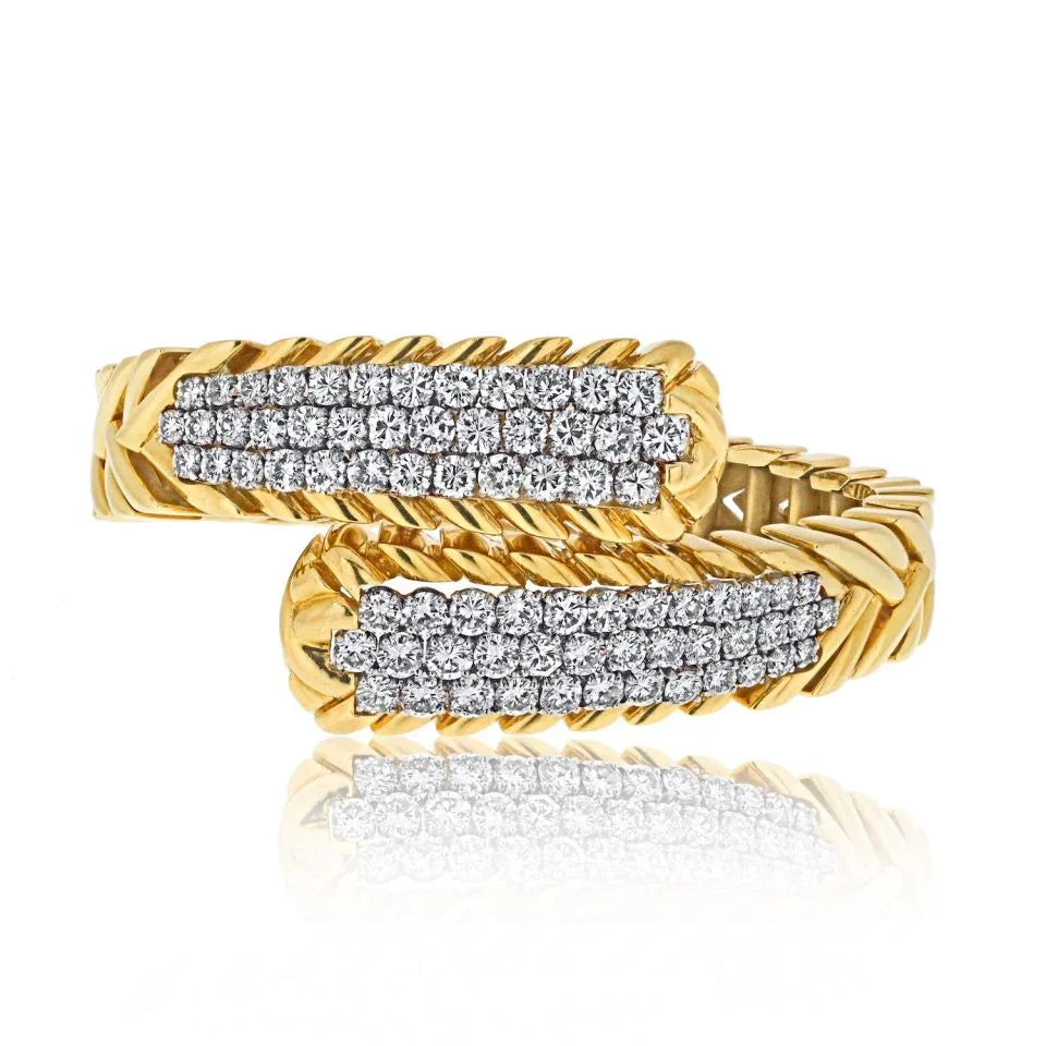David Webb Platinum & 18K Yellow Gold 8.75cttw Round Diamond Crossover Bracelet — Laura Milman New York