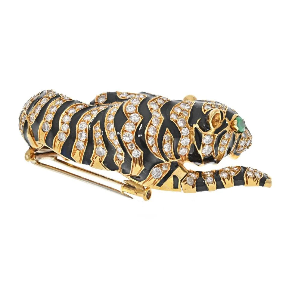 David Webb Platinum & 18K Yellow Gold Diamond Tiger And Black Enamel Brooch — view 2 — Laura Milman New York