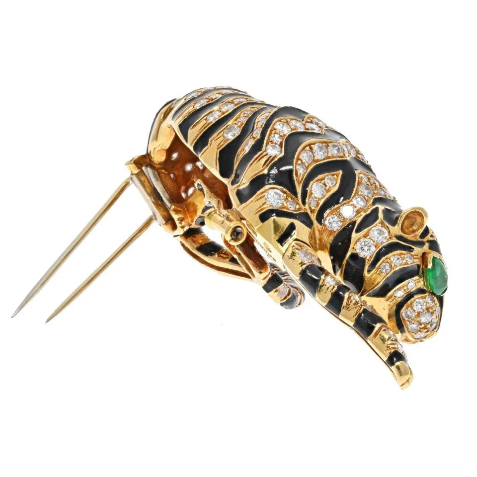 David Webb Platinum & 18K Yellow Gold Diamond Tiger And Black Enamel Brooch — view 4 — Laura Milman New York