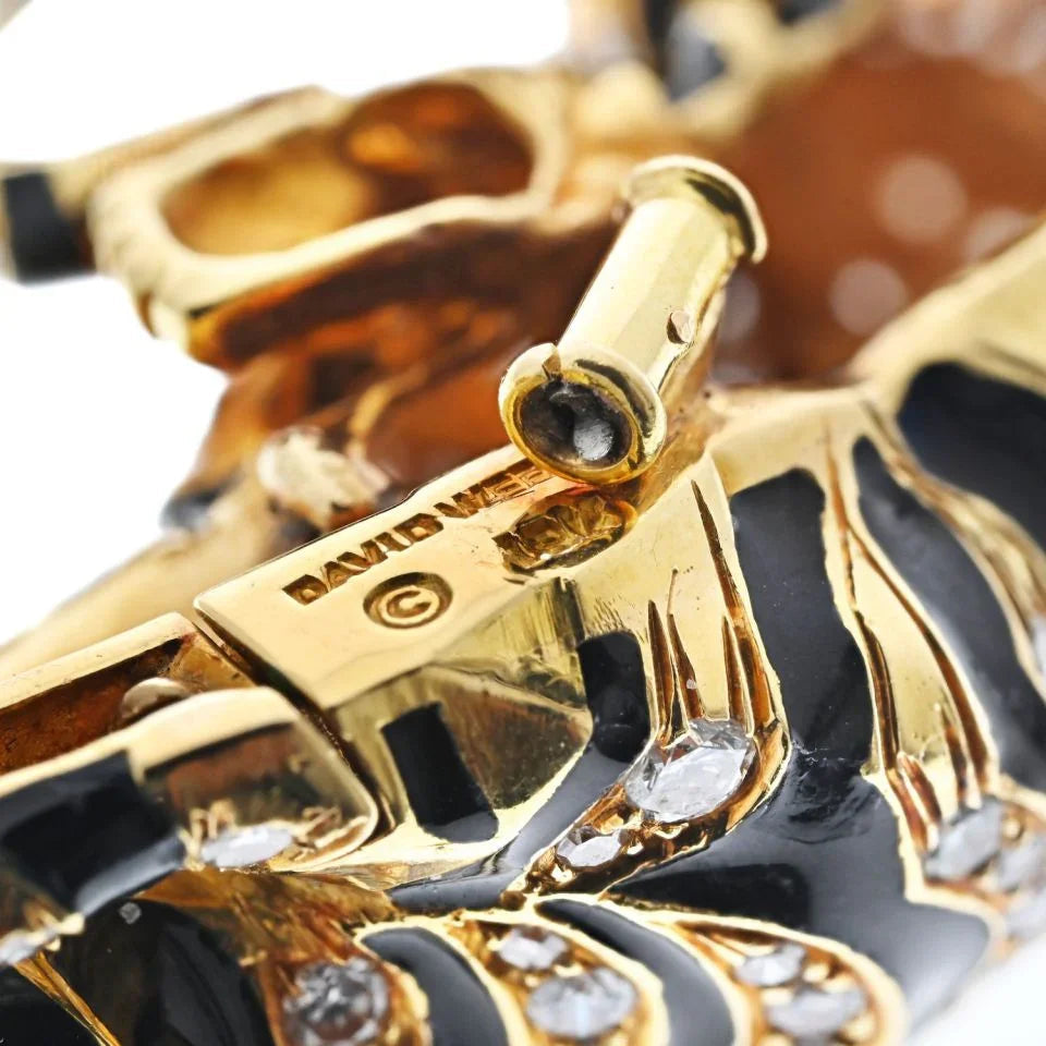 David Webb Platinum & 18K Yellow Gold Diamond Tiger And Black Enamel Brooch — view 5 — Laura Milman New York