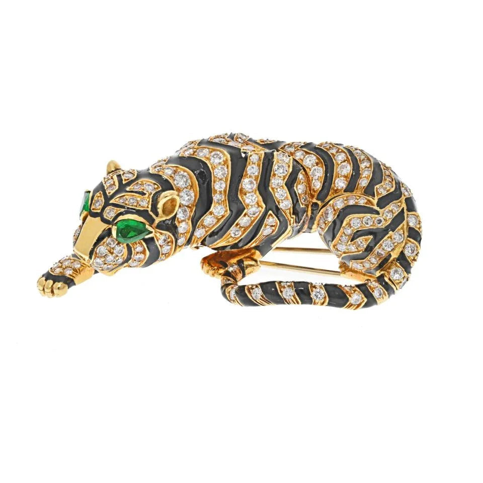 David Webb Platinum & 18K Yellow Gold Diamond Tiger And Black Enamel Brooch — Laura Milman New York