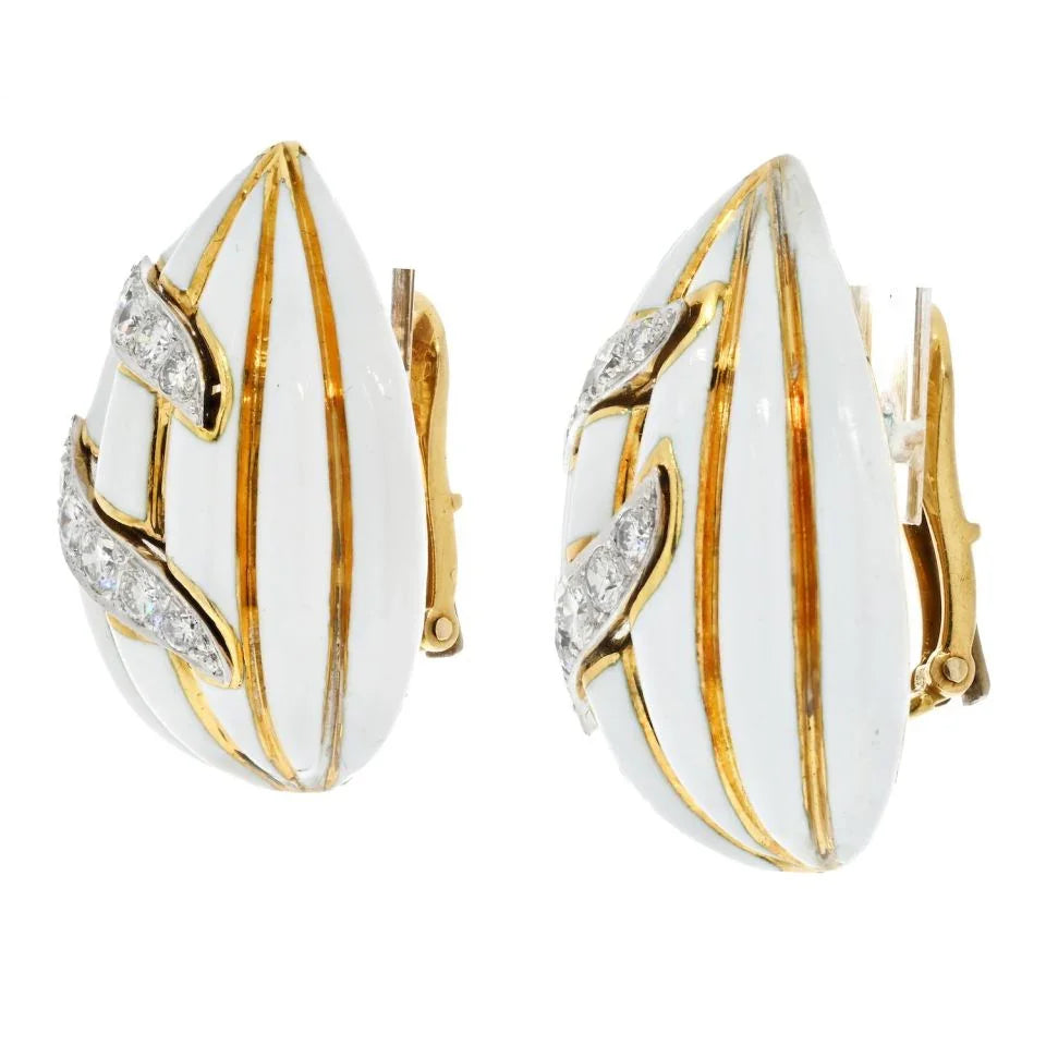 David Webb Fluted Almonds White Enamel And Diamond Earrings — view 2 — Laura Milman New York