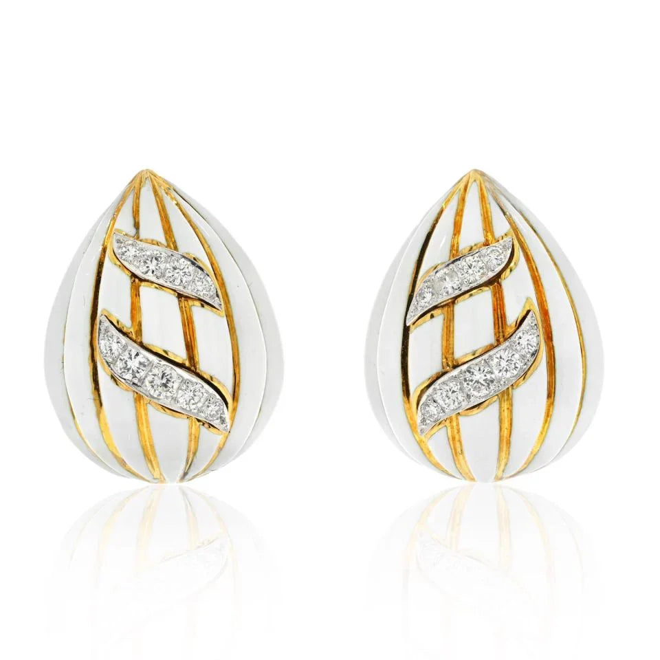 David Webb Fluted Almonds White Enamel And Diamond Earrings — Laura Milman New York