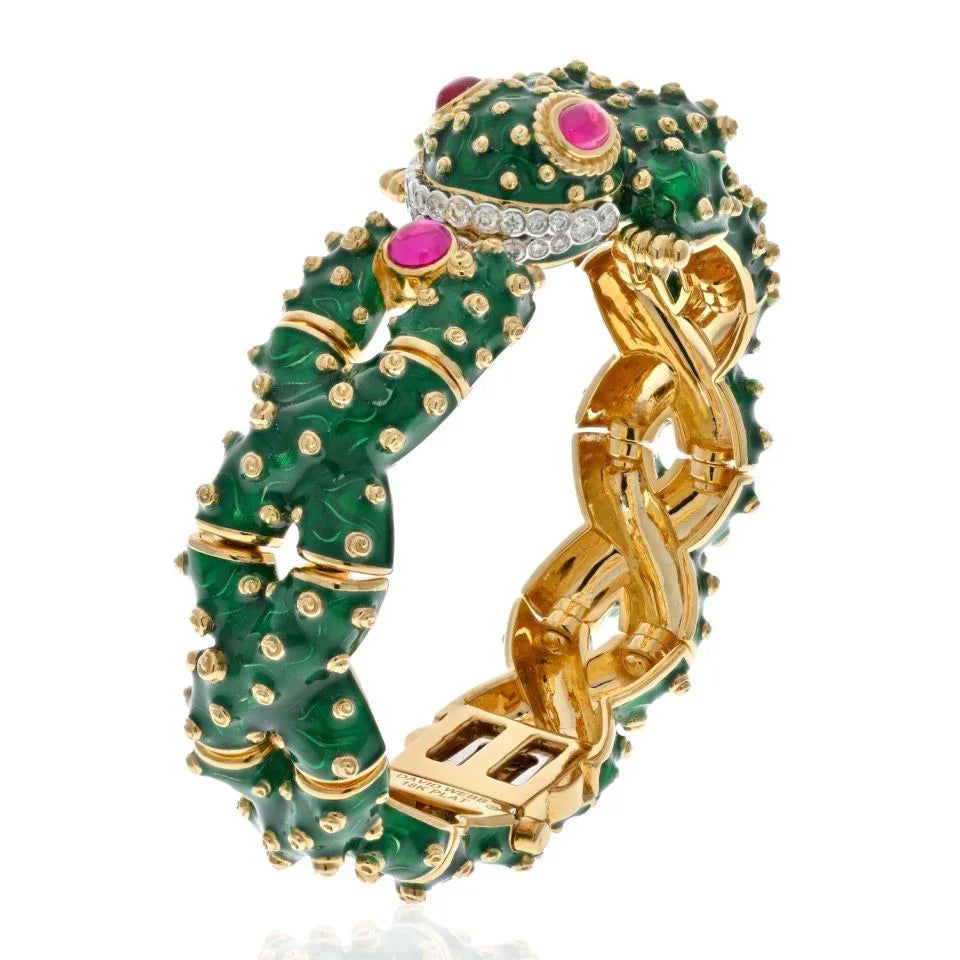 David Webb Platinum & 18K Yellow Gold Green Enamel, Diamond And Ruby Frog Bracelet — view 2 — Laura Milman New York