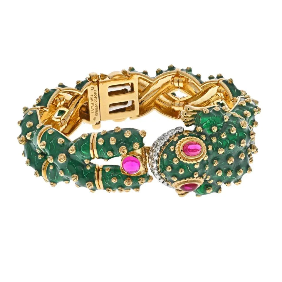 David Webb Platinum & 18K Yellow Gold Green Enamel, Diamond And Ruby Frog Bracelet — view 3 — Laura Milman New York