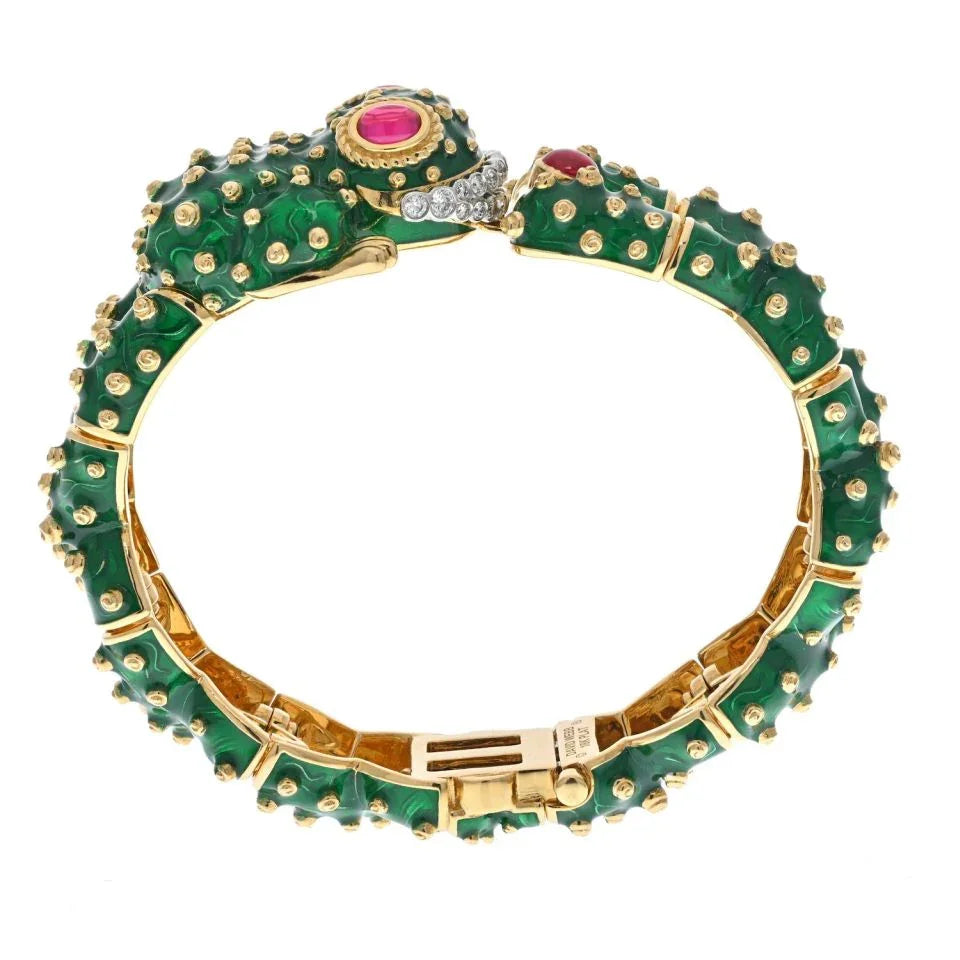 David Webb Platinum & 18K Yellow Gold Green Enamel, Diamond And Ruby Frog Bracelet — view 4 — Laura Milman New York