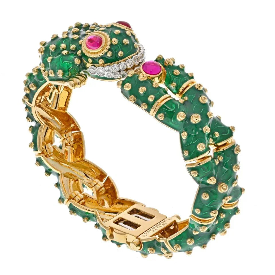 David Webb Platinum & 18K Yellow Gold Green Enamel, Diamond And Ruby Frog Bracelet — Laura Milman New York