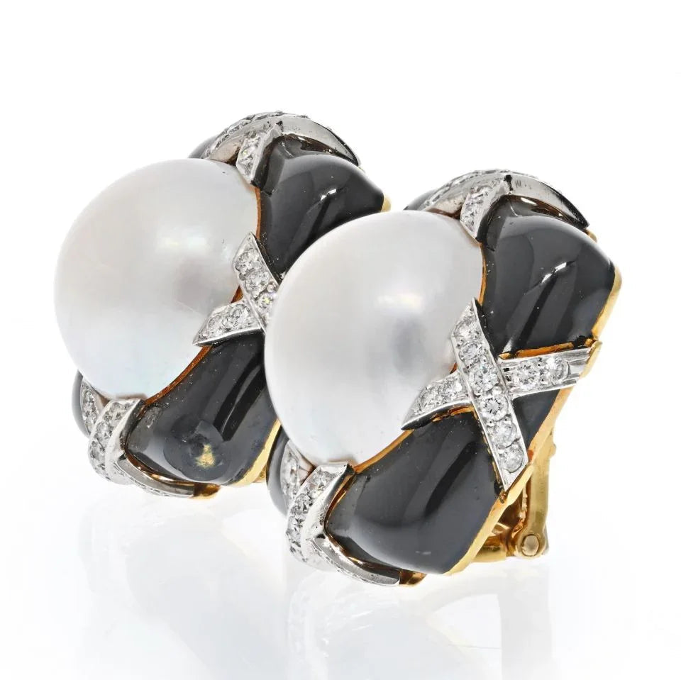 David Webb Platinum & 18K Yellow Gold Black Enamel, Diamond And Pearl Earrings — view 2 — Laura Milman New York