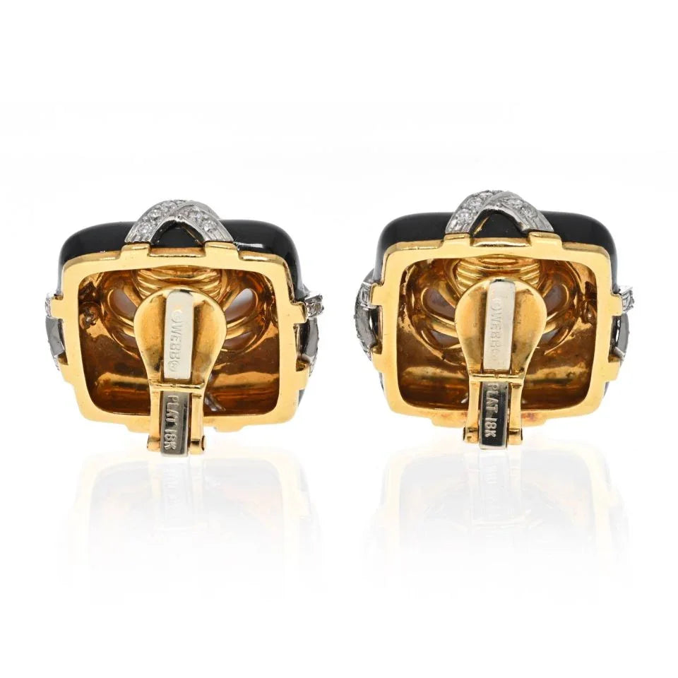 David Webb Platinum & 18K Yellow Gold Black Enamel, Diamond And Pearl Earrings — view 4 — Laura Milman New York