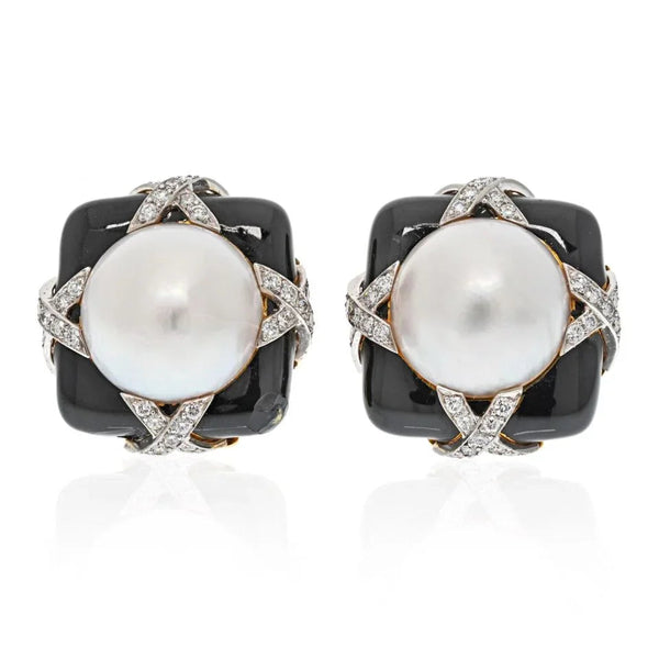 David Webb Platinum & 18K Yellow Gold Black Enamel, Diamond And Pearl Earrings