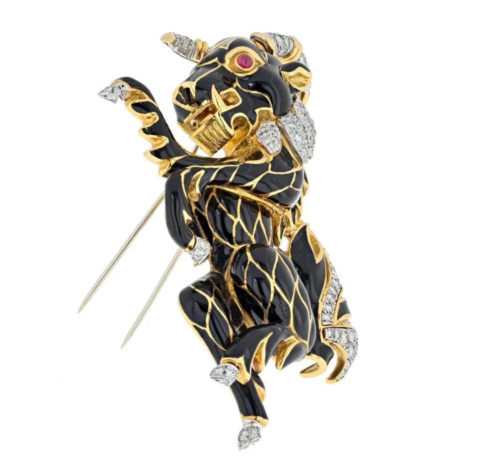 David Webb Platinum & 18K Yellow Gold Black Enamel Goat Diamond Brooch — view 2 — Laura Milman New York