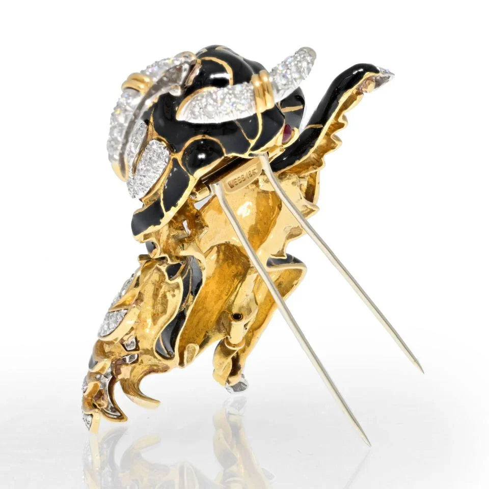David Webb Platinum & 18K Yellow Gold Black Enamel Goat Diamond Brooch — view 3 — Laura Milman New York