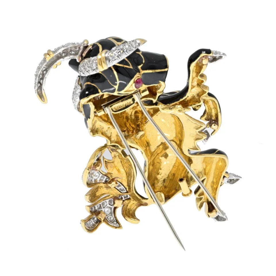 David Webb Platinum & 18K Yellow Gold Black Enamel Goat Diamond Brooch — view 4 — Laura Milman New York