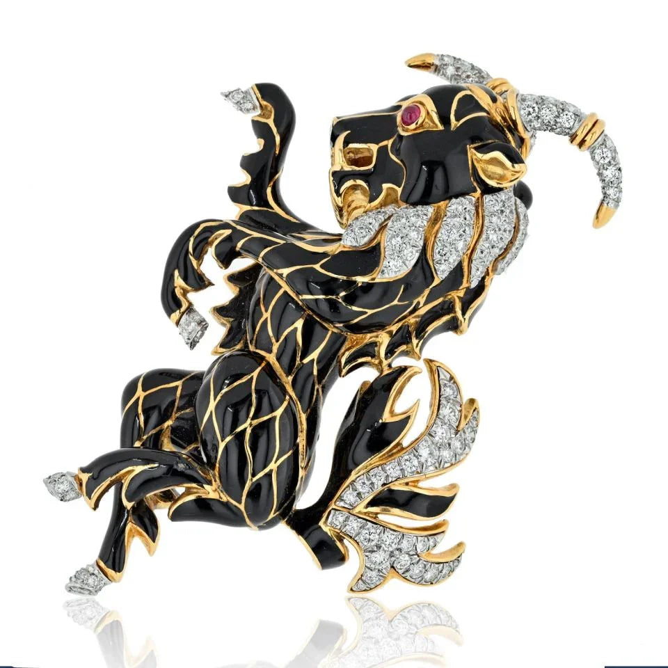 David Webb Platinum & 18K Yellow Gold Black Enamel Goat Diamond Brooch — Laura Milman New York