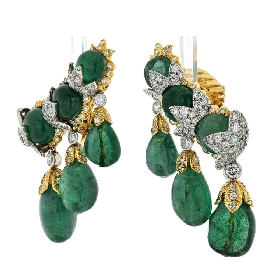 David Webb Smooth Briolette Cut Green Emerald Cascading Clip Diamond Earrings — view 2 — Laura Milman New York